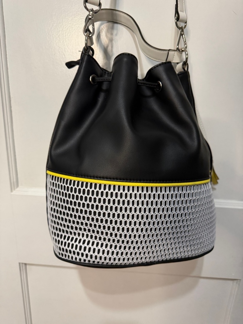 Nine West Black and White Drawstring Bucket Bag with Yellow Trim. - Picture 2 of 5